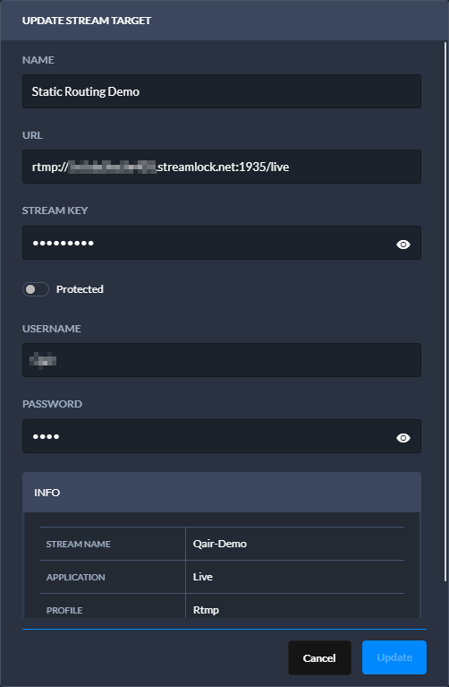 Stream Control - Static routing stream target settings