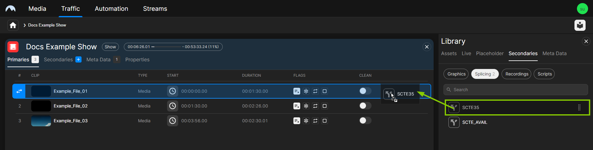 Traffic - Splicing secondary event added to a clip