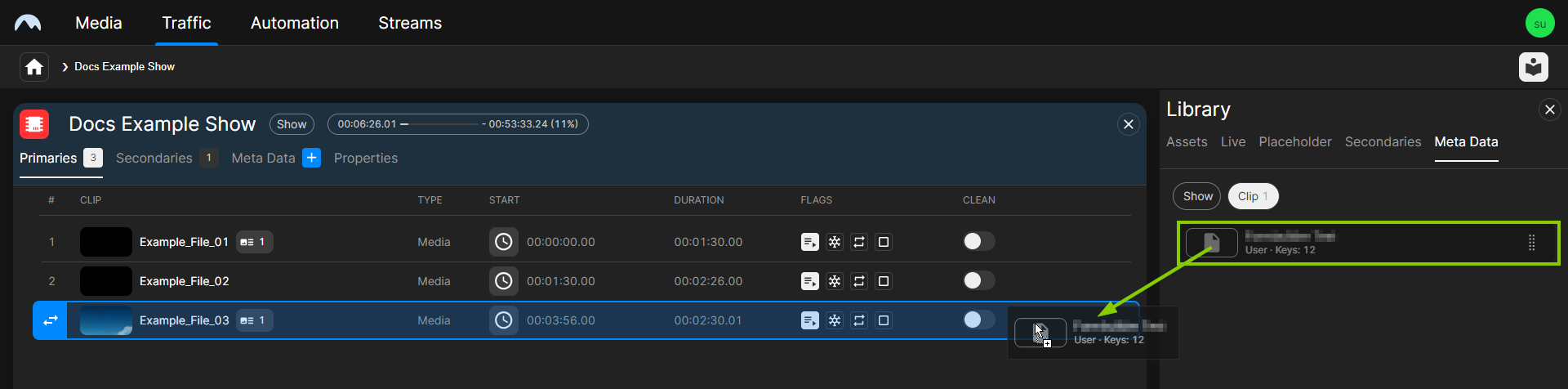 Traffic - Add metadata to a clip