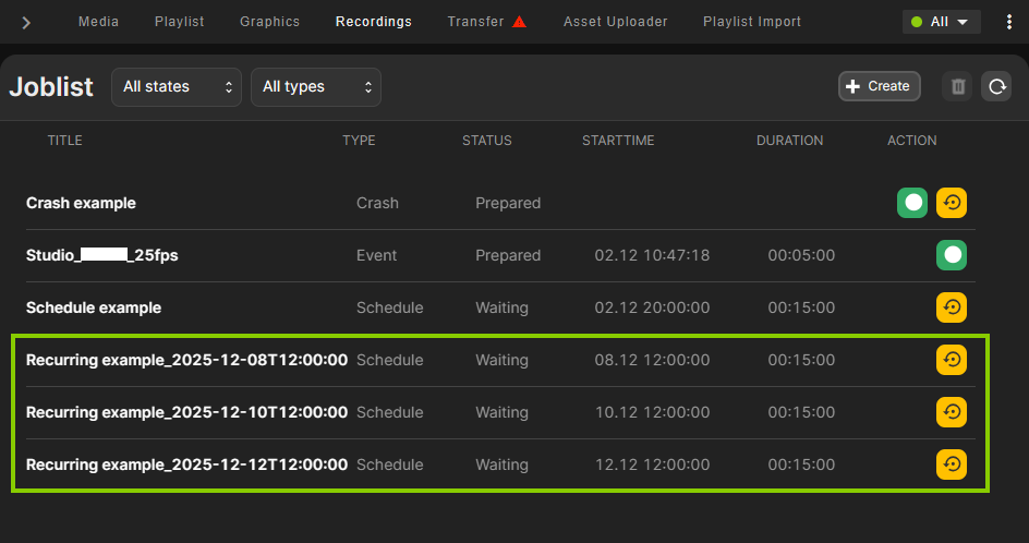 Automation - Recurring recording jobs created