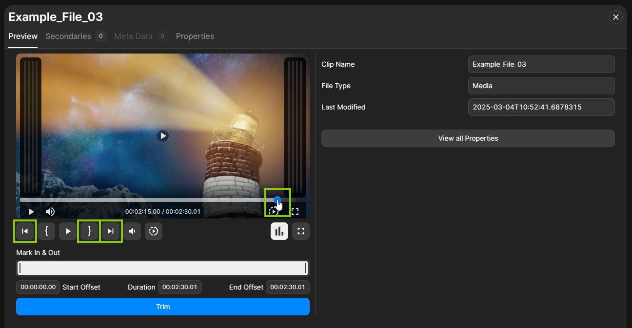 Traffic - Trim clip - Set mark out via preview player controls