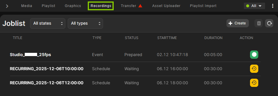 Automation - Recordings tab and job list