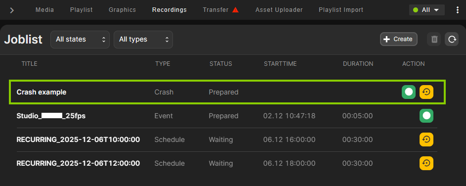 Automation - Crash recording job created