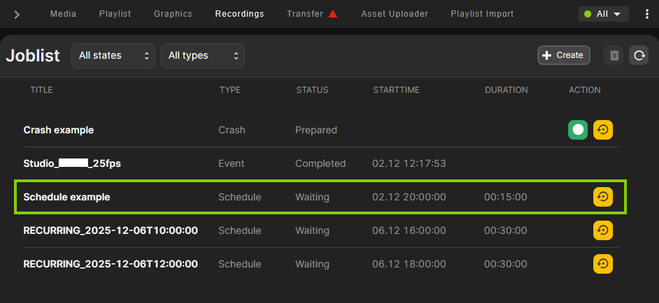 Automation - Scheduled recording job created