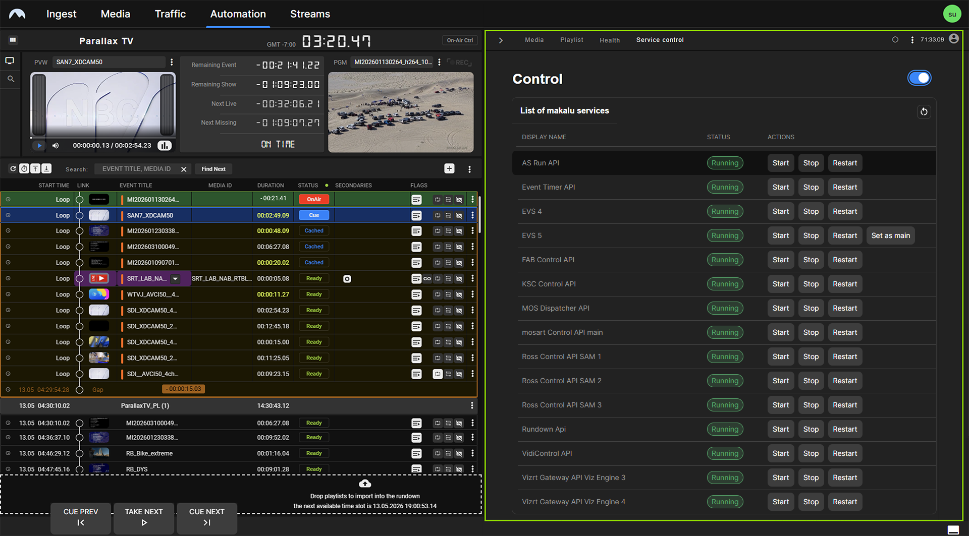 Makalu Automation - Service Control tab