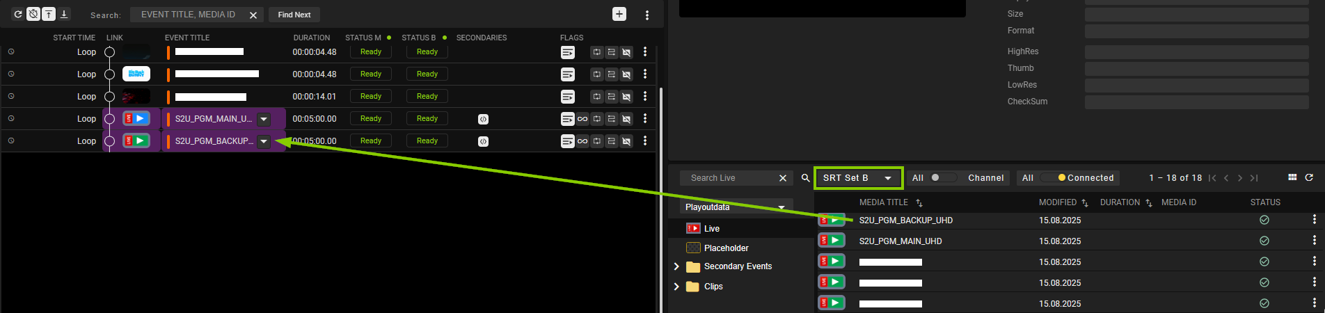Automation - Add SRT live source from Set B