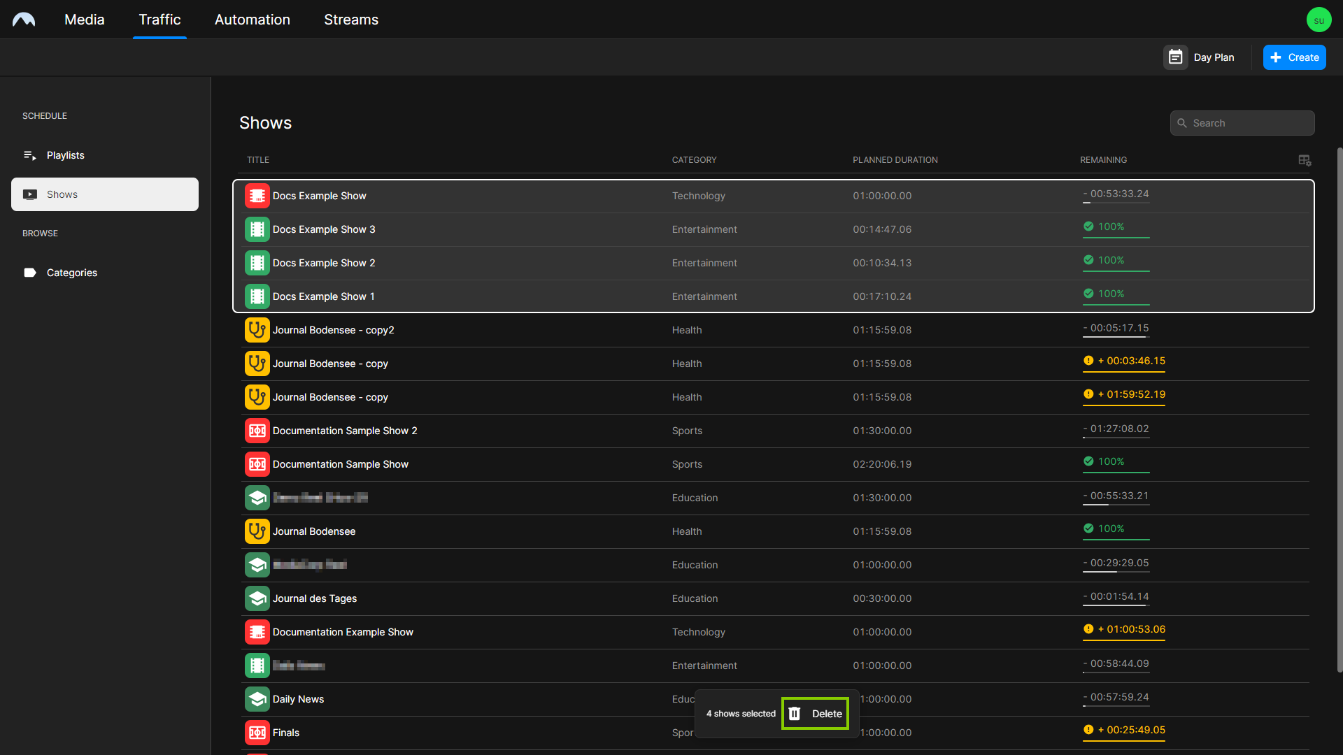 Traffic - Delete multiple shows